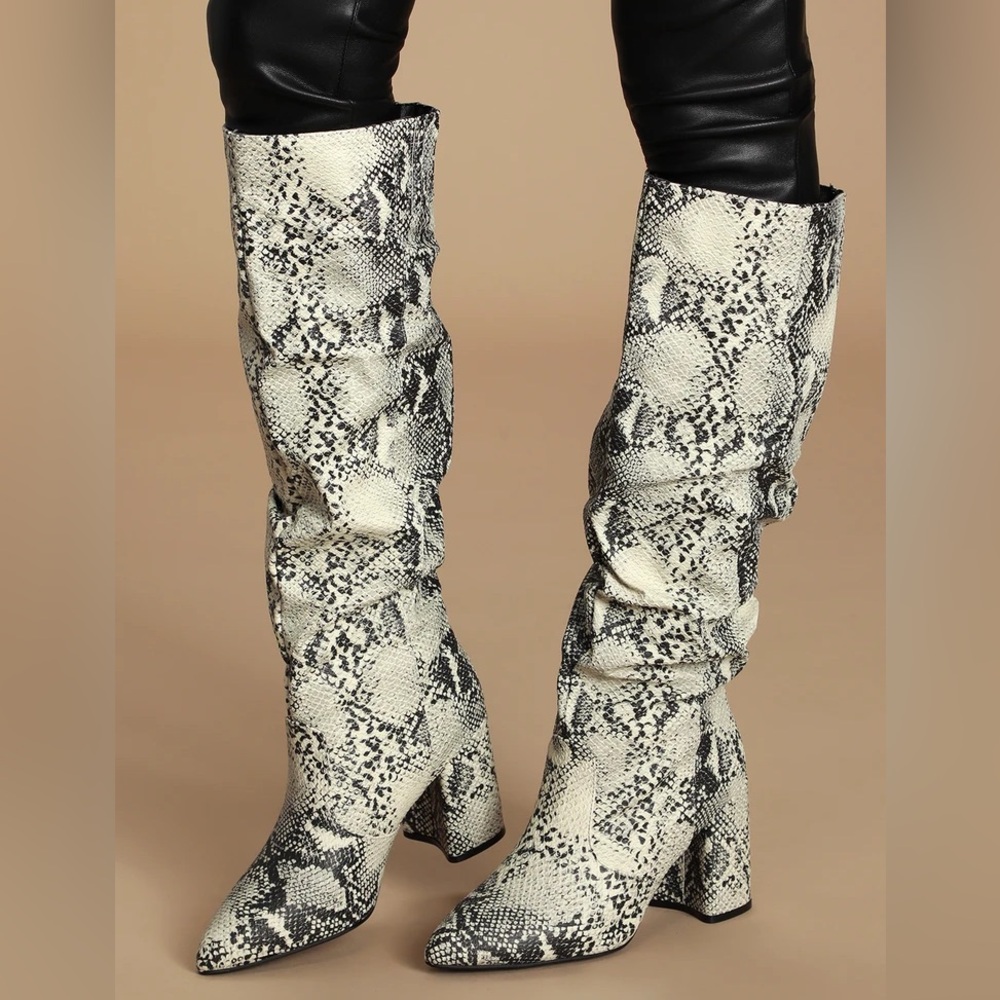 NEW WITH BOX Lulus Cheriton Stone and Black Snake Pointed-Toe Knee High Boots